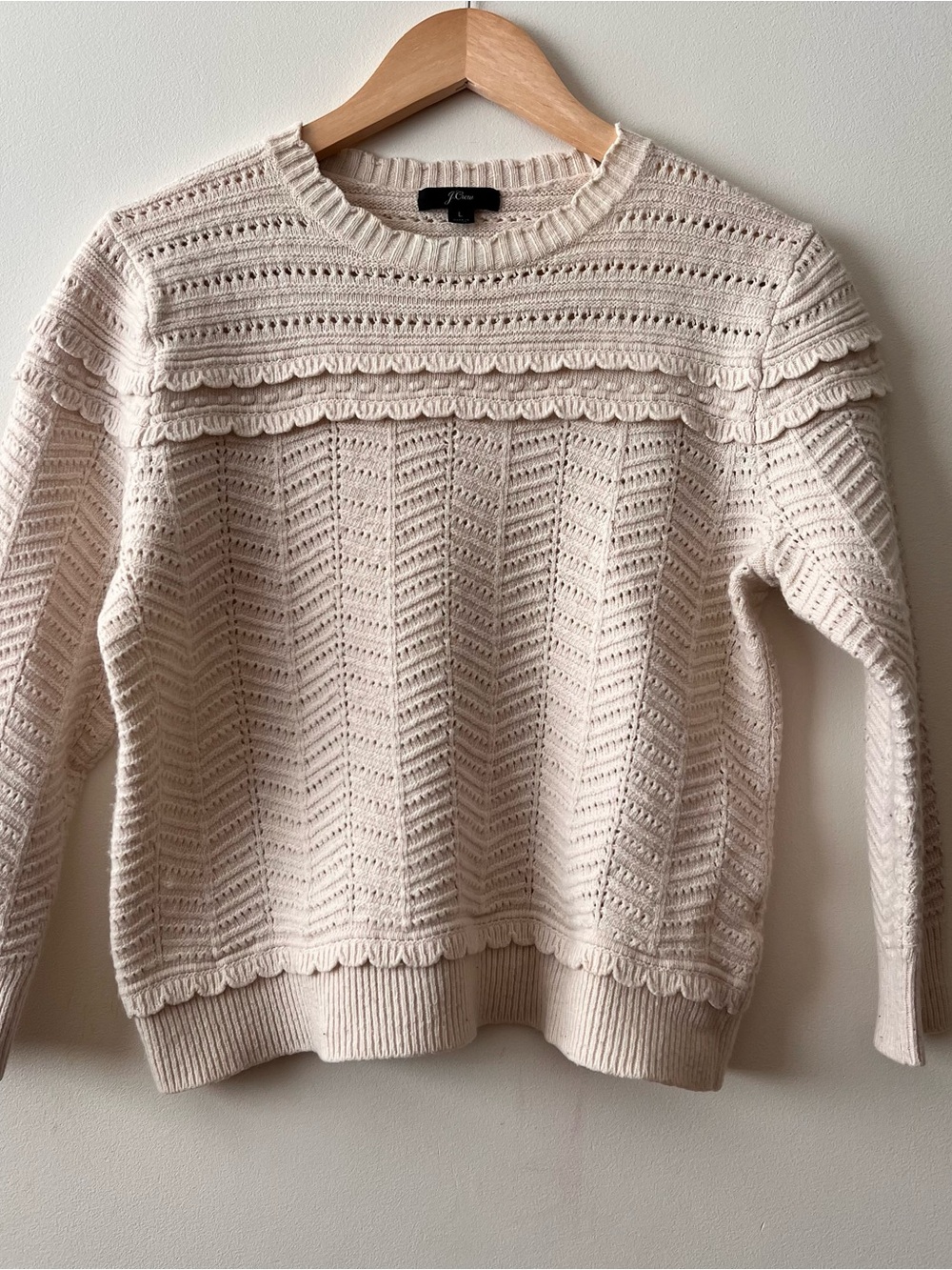 J.Crew Pointelle Ruffle Scalloped Cream Wool Blend Sweater Wmn’s L (M) EUC
